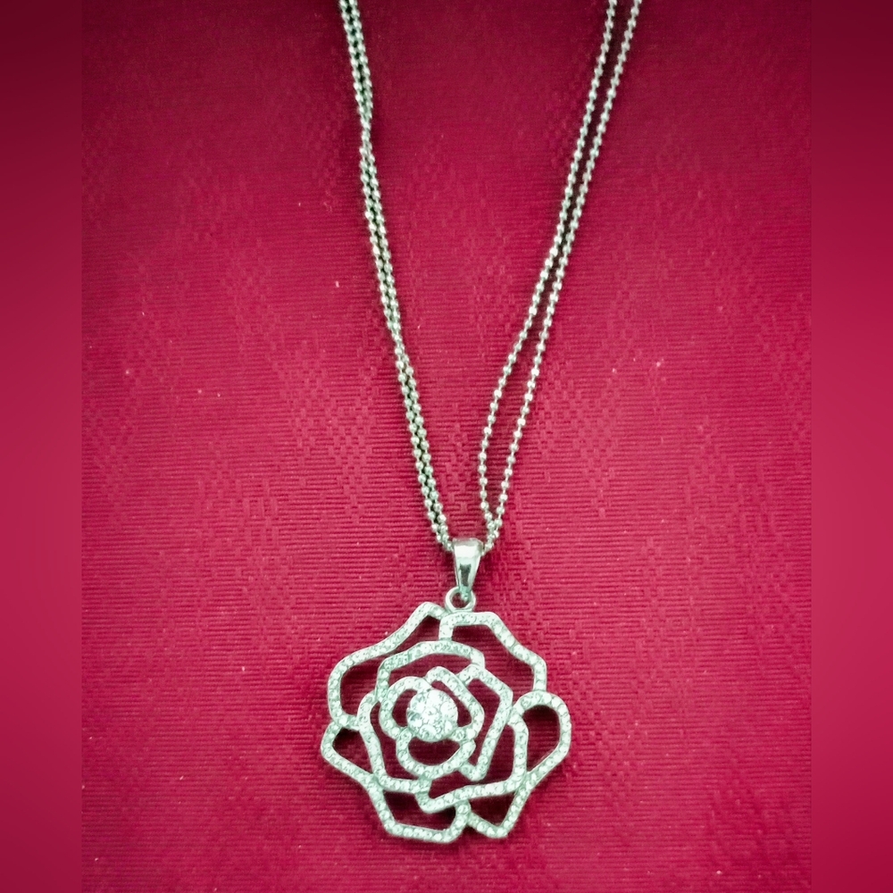 Elegant Silver beaded necklace, 16" , Rose Pendant, Sparkling White Stones 1.5"